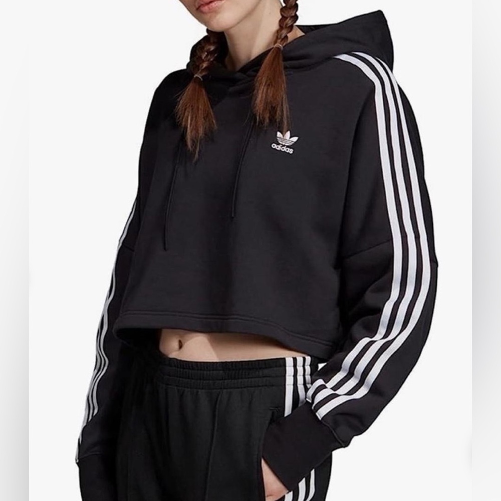 Adidas Essentials Black Boxy Crop Hoodie with White Arm Stripes Women’s Small